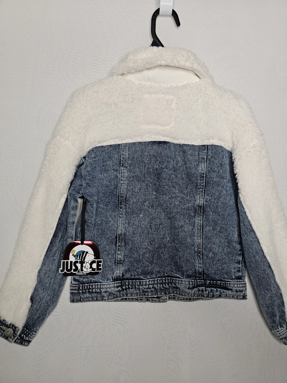 NWT Justice x Peanuts Snoopy Patch Acid Wash Denim Jacket Faux Fur Collar XS 5/6